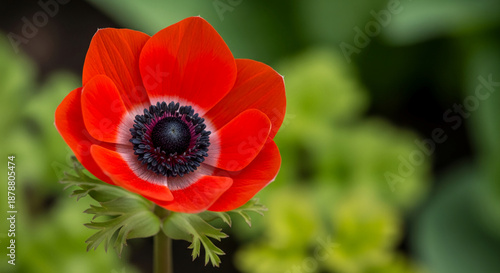 Close-up of a red anemone flower with a dark center and green leaves, showing vibrant color, renewal, and the beauty of nature in springtime