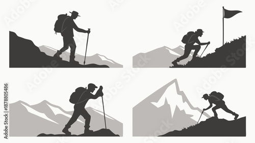 Silhouette of Hikers Climbing Mountains with Backpacks Achieving Summit Goal for Adventure Travel Web Design and Motivation Posters