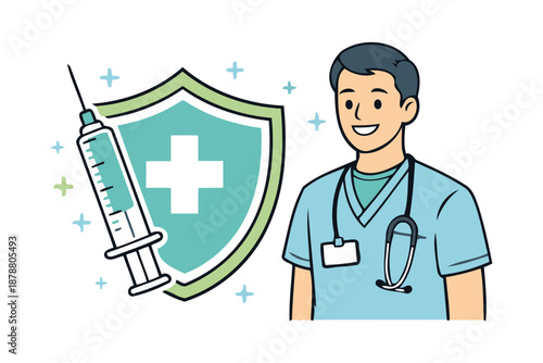 doctor with vaccination protection shield concept