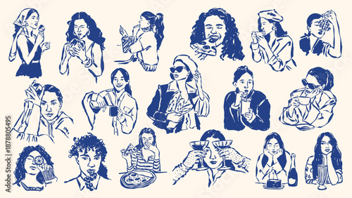 Ink drawing food and beverage illustration set. Doodles for menu, restaurant or cafe branding, postcards, greeting cards.