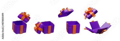 Open purple gift box set with orange ribbon and lid, isolated on white background. Christmas collection, New Year, birthday, sales campaigns, marketing banners, digital design projects.