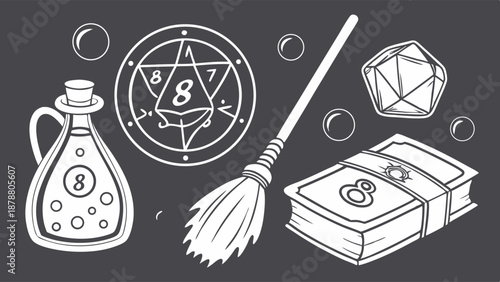 Mystical Magic Potion Broom Pentagram Dice for Occult Game Design Fantasy Website Banners