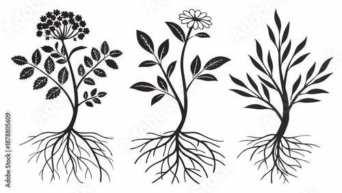 Botanical Illustration Set Three Diverse Plants with Detailed Root Systems for Herbal Medicine or Gardening Design Projects