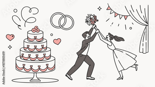 Joyful Newlywed Couple Tossing Bouquet Beside Wedding Cake and Rings for Celebration Invitation Design
