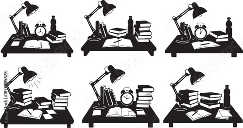 Six Desk Setups with Lamps and Books Illustrated