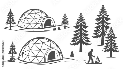 Winter Camping Adventure with Geodesic Domes and Camper Setting Up Fire in Snowy Forest Landscape