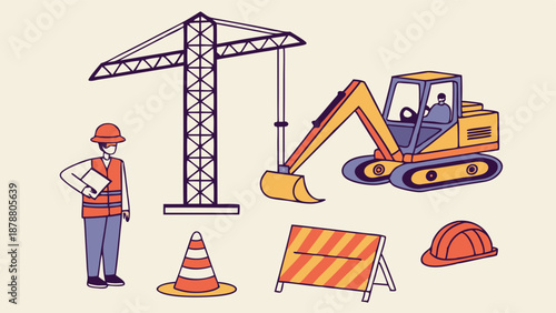 Construction Site Elements Set Worker Crane Excavator Safety Cone for Infrastructure Development Projects and Building Industry Web Design