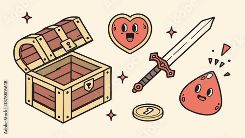 Retro Game Assets Treasure Chest Sword Heart Coin Slime Drop for Mobile App UI Design and Fantasy Adventure Website Graphics