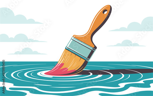 A vector graphic illustration of a paintbrush dipping into a body of water with a cloudy sky in the background