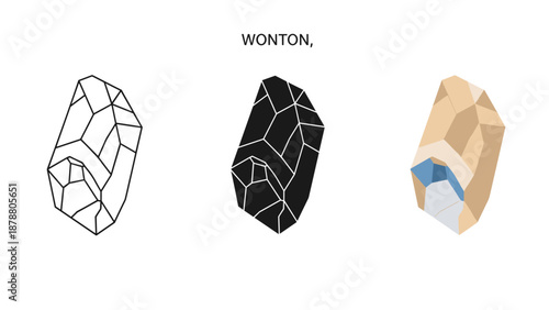 Wonton illustrations in various styles including line art solid black and colorful designs on white