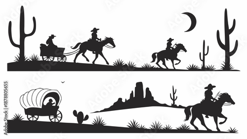 Western Silhouette Pioneers Traveling with Covered Wagons and Cowboys Riding Horses Across Desert Landscape for Adventure Themes