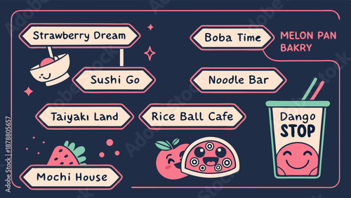 Kawaii Asian Food Menu Map for Dessert Cafe Bakery Web Design Template Fun Illustration