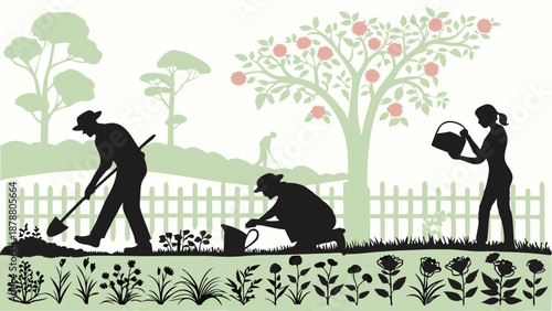 Diverse Gardeners Working Together Planting Flowers and Watering Trees for Community Agriculture and Spring Home Improvement Projects