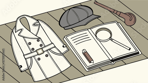 Detective Investigation Clues Flat Lay with Trench Coat Magnifying Glass and Pipe for Mystery Storytelling or True Crime Blog Design