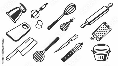 Black and White Kitchen Utensils Set for Cooking Baking Food Preparation Design Elements for Culinary Websites and Menus