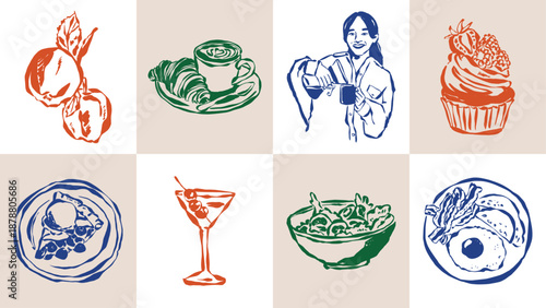 Ink drawing food and beverage illustration set. Doodles for menu, restaurant or cafe branding, postcards, greeting cards.