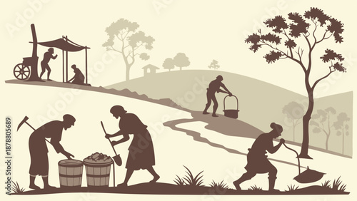 Vintage Silhouette of Agricultural Workers Harvesting Crops on Rolling Hills for Farming Industry or Historical Education Projects