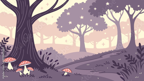 Enchanted Forest Path with Glowing Trees and Red Mushrooms for Fantasy Storybook Illustration or Mystical Website Background