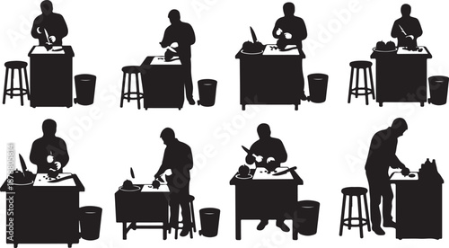 Silhouettes of people working at tables with tools and equipment