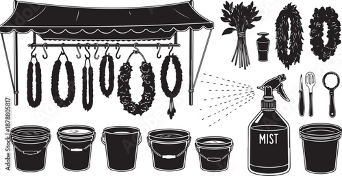 Floral wreath making tools and supplies illustration set