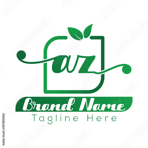 Green abstract logo with leaves and text placeholders for brand name and tagline nature