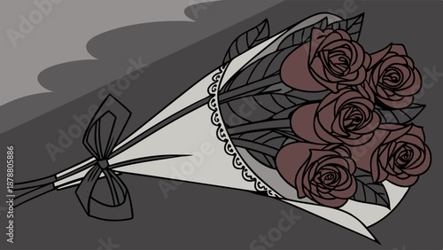 Dark Moody Bouquet of Six Brown Roses Wrapped in Paper for Gothic Romance or Somber Occasions Design Element