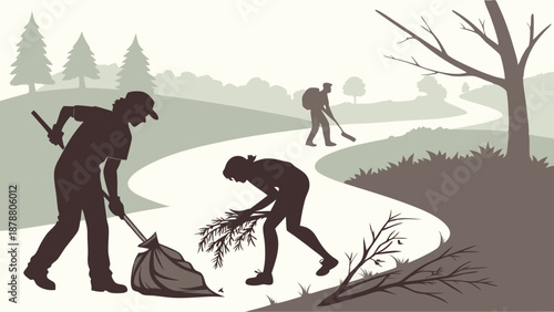 Silhouette Volunteers Cleaning Park Trail Environment Restoration Community Service Outdoor Cleanup Project for Earth Day or Seasonal Maintenance