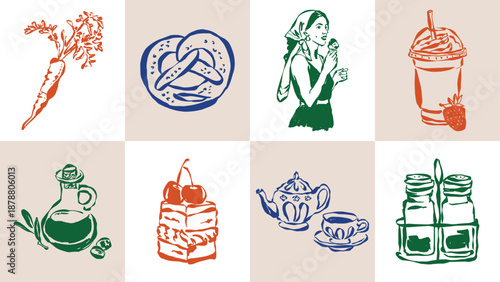 Ink drawing food and beverage illustration set. Doodles for menu, restaurant or cafe branding, postcards, greeting cards.
