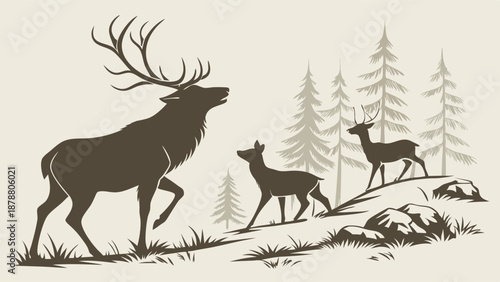 Majestic Elk Stag Leading Deer Herd Through Pine Forest Wilderness Wildlife Scene For Outdoor Adventure Design