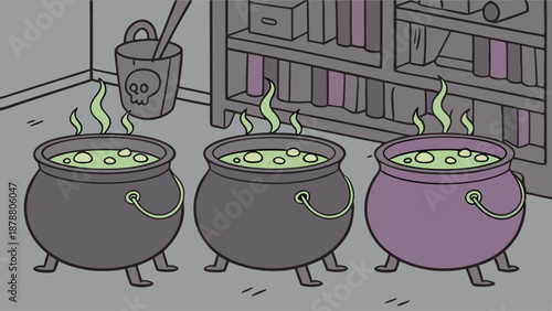 Three Witches Cauldrons Brewing Green Potion for Halloween Spooky Magic Potion Making Background for Holiday Design
