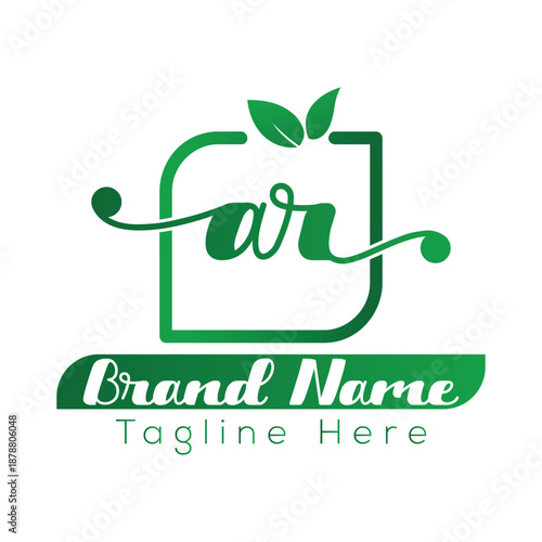 Green gradient logo with leaves and text placeholders for brand name and tagline nature