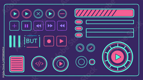 Neon Cyberpunk Media Player Interface Controls for Music Video Editing App Design Future Tech UI UX Dashboard