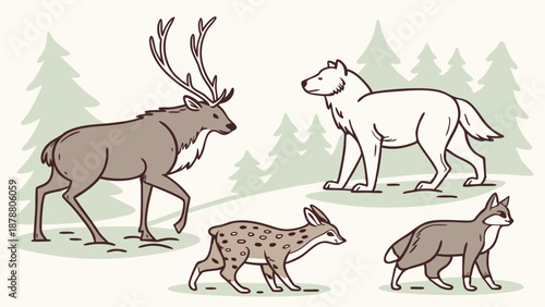 Majestic Deer Wolf Fawn and Fox Wildlife Encounter in Pine Forest Ecosystem Illustration for Nature Education and Conservation Design