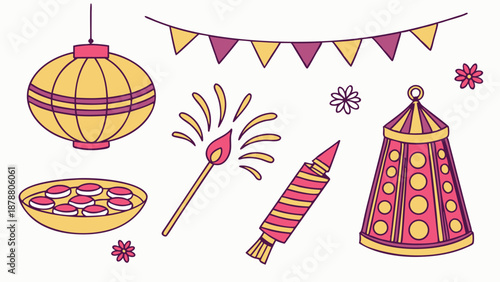 Diwali Festival Elements Set Lanterns Firecrackers Sweets for Holiday Celebration Design Projects