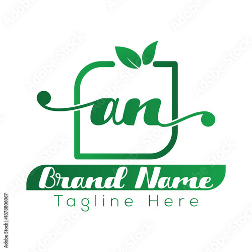 Green leaf and abstract shape logo with text Brand Name Tagline Here nature organic
