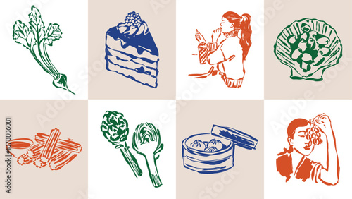 Ink drawing food and beverage illustration set. Doodles for menu, restaurant or cafe branding, postcards, greeting cards.