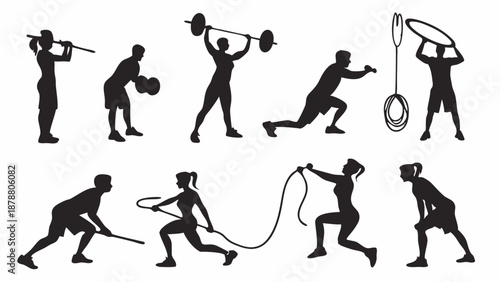 Dynamic Fitness Silhouettes Showing Weightlifting Kettlebell Lunges Battle Ropes Workout for Health App Design