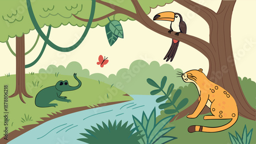 Vibrant Cartoon Jungle Scene with Toucan Jaguar Alligator and Butterfly for Children's Education and Nature Illustration Projects