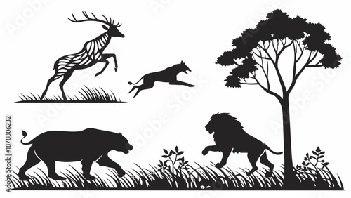 African Safari Wildlife Silhouette Scene with Deer Lion and Predators Hunting for Nature Design Projects