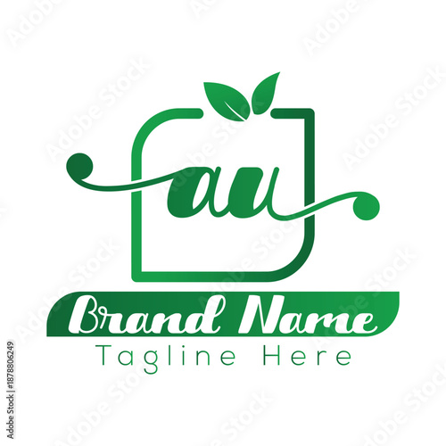 Green leaf logo with letters au and brand name tagline text nature organic