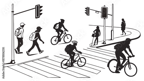 Urban Pedestrian and Cyclist Traffic Flow at Crosswalk with Traffic Signals for City Planning and Safety Illustrations