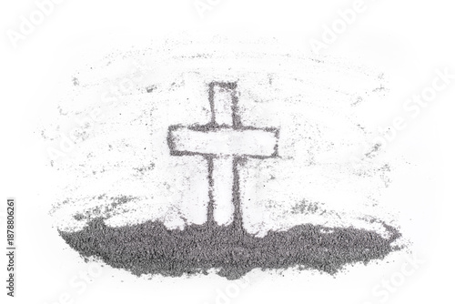 Christian Crucifix Drawing in Ash Isolated on White Background, Ash Wednesday Concept
