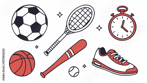 Sports Equipment Collection for Fitness Websites and Athletic Apparel Advertising Design Elements