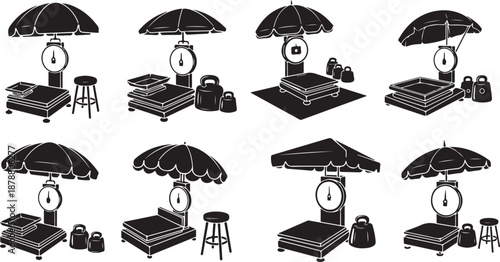 Beach scene with umbrella and lounge chairs illustration set