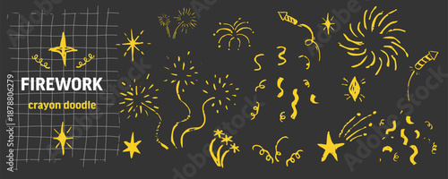 Firework set crayon, chalk hand drawn star blink, firework, glitter silhouette and glowing symbols in sketch style. Doodle Confetti grunge simple decoration.