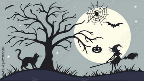 Spooky Halloween Silhouette Scene with Witch Cat Bats and Full Moon for Holiday Decorations Web Banners and Party Invitations