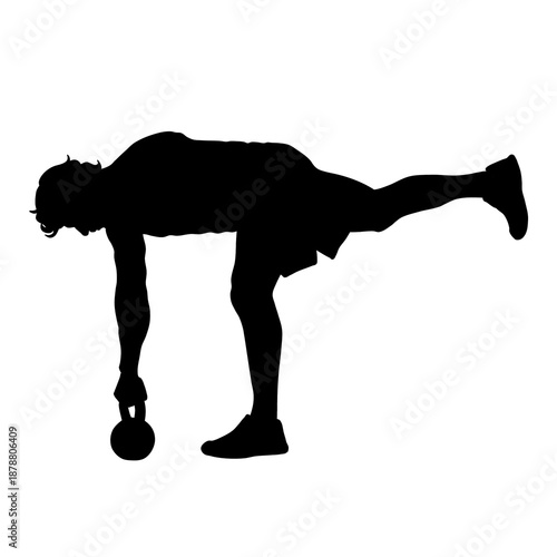 A silhouette of a person performing a single-leg deadlift with a kettlebell.