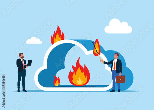 Businessman deliberately sets fire to cloud storage. Server room with Fire. Network, data, security, digital interface, connection, processing and communication. Modern flat vector illustration.