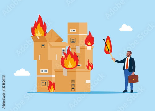 Businessman deliberately sets fire to cardboard boxes. Boxes with Fire. Home delivery, courier, parcel post, international trade and online shopping. Modern flat vector illustration.