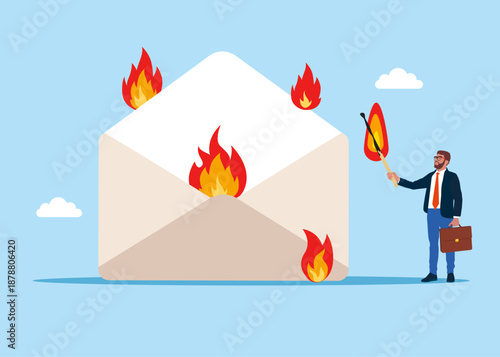 Businessman deliberately sets fire to envelope. Send e-mail. Spam. Office stress. Modern flat vector illustration.